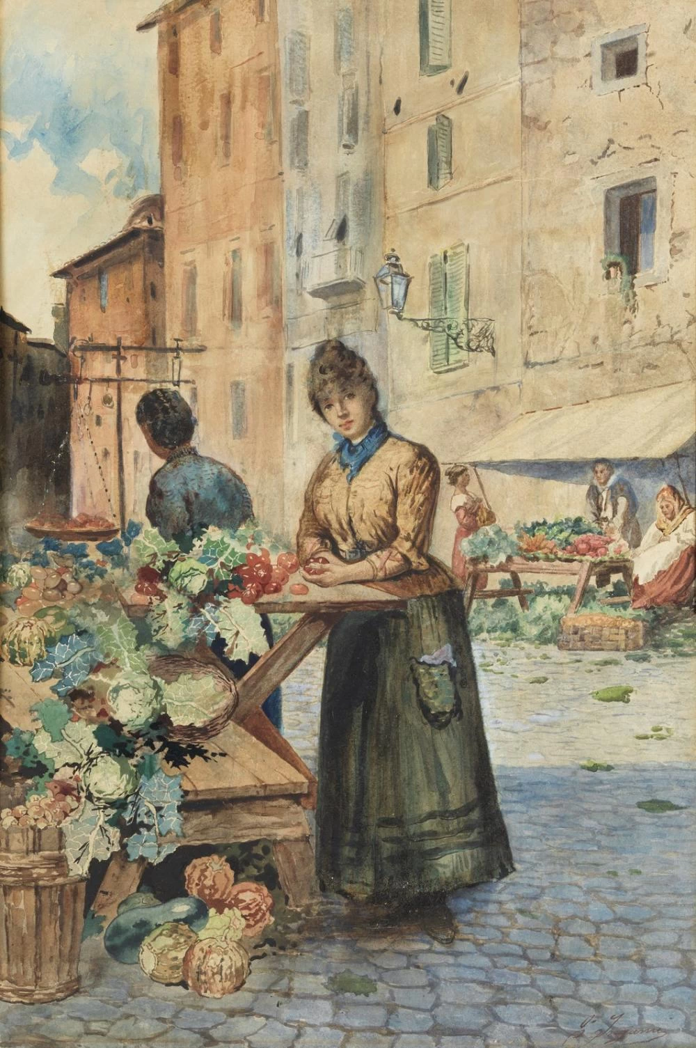   159-Angelo Inganni-Vista sulla città con fruttivendoli